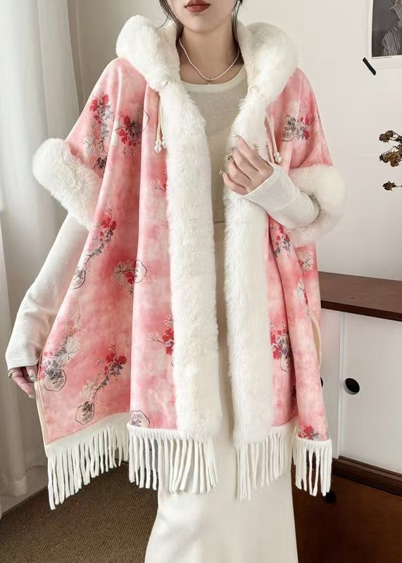 New Pink Hooded Tasseled Patchwork Warm Fleece Coats Half Sleeve RZ019 ABC