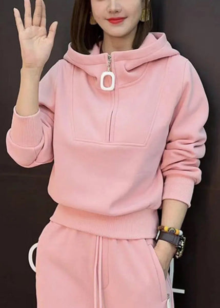 And Beam Cotton New Tops Pieces Pants Hooded Two Zippered Pink FashionChic