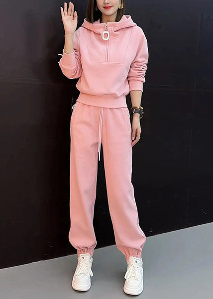And Beam Cotton New Tops Pieces Pants Hooded Two Zippered Pink FashionChic
