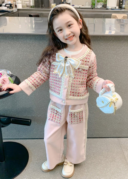 New Pink O-Neck Bow Button Kids Top And Wide Leg Pants Two Pieces Set Spring TR024 ABC