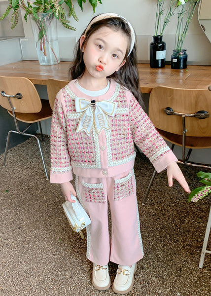 New Pink O-Neck Bow Button Kids Top And Wide Leg Pants Two Pieces Set Spring TR024 ABC