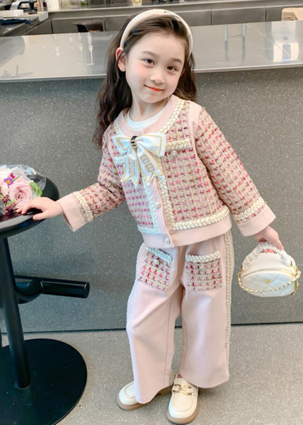 New Pink O-Neck Bow Button Kids Top And Wide Leg Pants Two Pieces Set Spring TR024 ABC