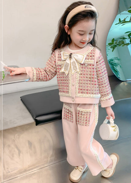 New Pink O-Neck Bow Button Kids Top And Wide Leg Pants Two Pieces Set Spring TR024 ABC