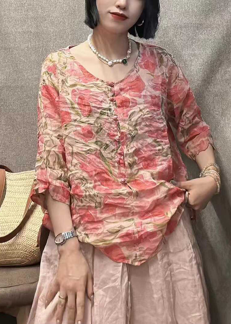 New Pink O Neck Button Print Linen Shirt Bracelet Sleeve GG045 MZF-HTP240610