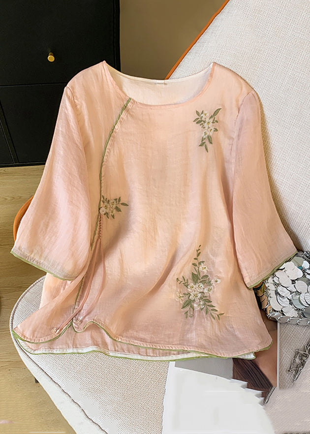 Blouses New O Sleeve Cotton Bracelet Pink Neck Embroidered FashionChic