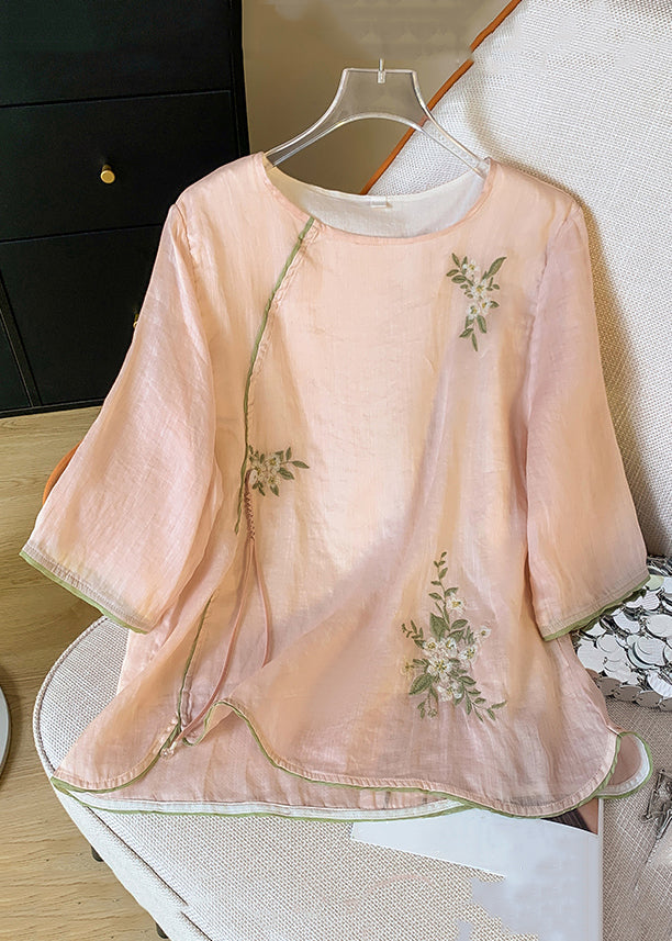 Blouses New O Sleeve Cotton Bracelet Pink Neck Embroidered FashionChic
