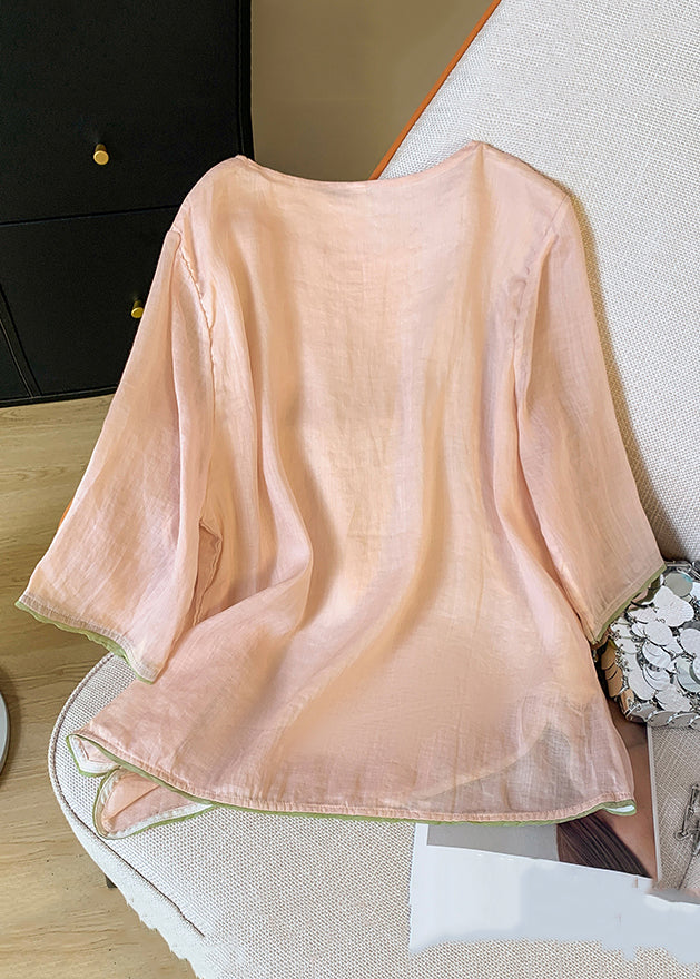 Blouses New O Sleeve Cotton Bracelet Pink Neck Embroidered FashionChic