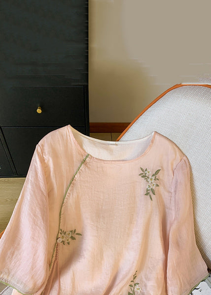 Blouses New O Sleeve Cotton Bracelet Pink Neck Embroidered FashionChic