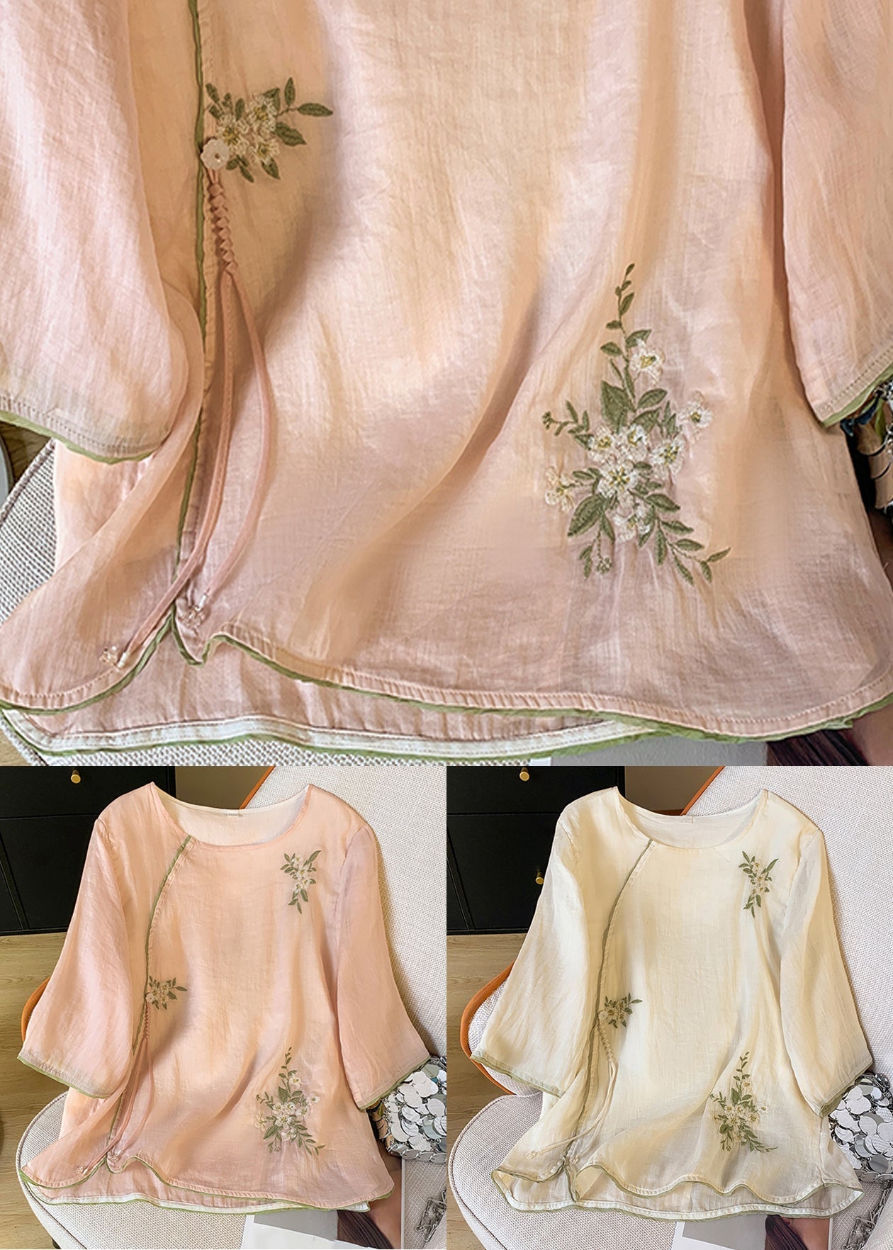 Blouses New O Sleeve Cotton Bracelet Pink Neck Embroidered FashionChic