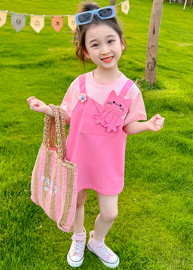 New Pink O Neck False Two Pieces Cotton Girls Dress Summer EW044 WS-RCTZSDGM240809