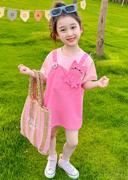 New Pink O Neck False Two Pieces Cotton Girls Dress Summer EW044 WS-RCTZSDGM240809