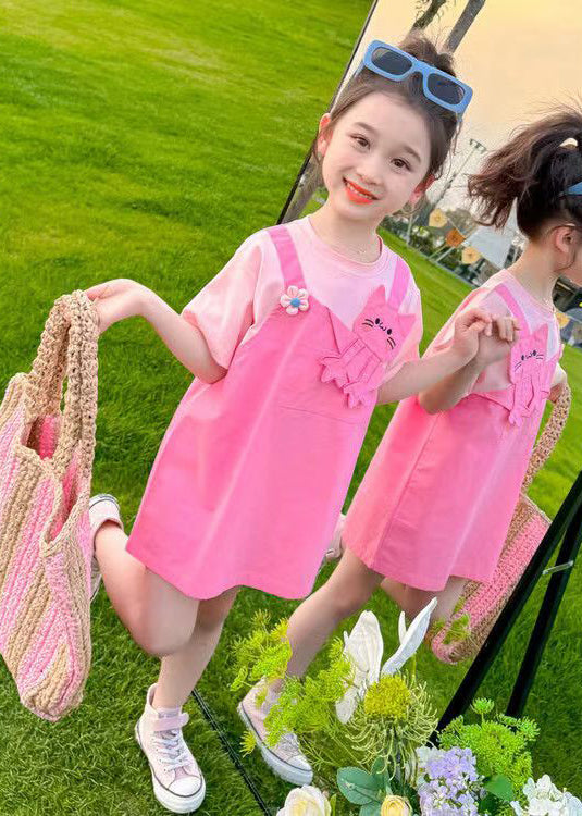 New Pink O Neck False Two Pieces Cotton Girls Dress Summer EW044 WS-RCTZSDGM240809