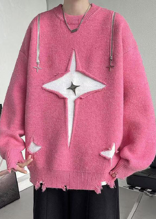 New Pink O Neck Hole Cozy Knit Men Sweater Fall QH020 MENSW241019