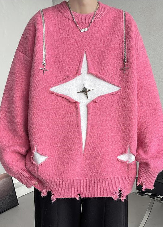 New Pink O Neck Hole Cozy Knit Men Sweater Fall QH020 MENSW241019