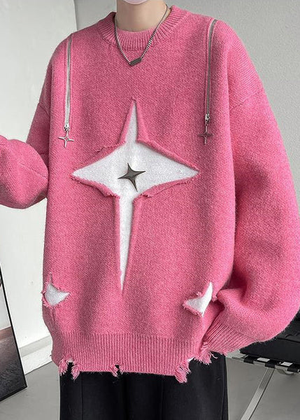 New Pink O Neck Hole Cozy Knit Men Sweater Fall QH020 MENSW241019