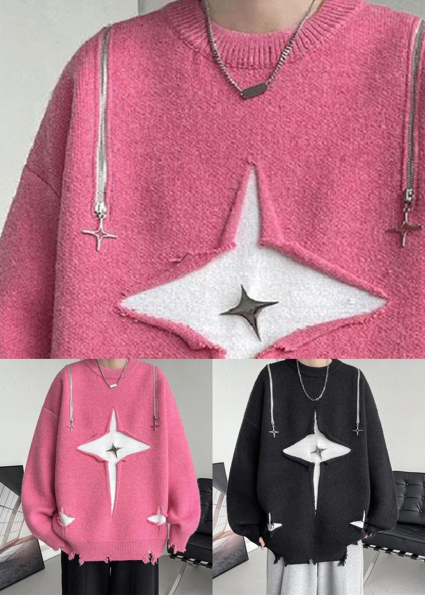 New Pink O Neck Hole Cozy Knit Men Sweater Fall QH020 MENSW241019