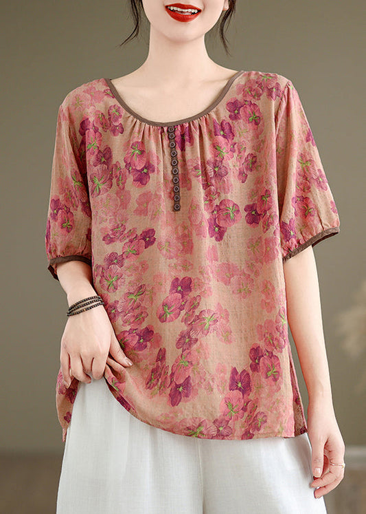 New Pink O Neck Print Button Linen Top Summer JH044 MMDM-HTP240717