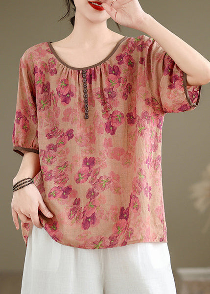 New Pink O Neck Print Button Linen Top Summer JH044 MMDM-HTP240717