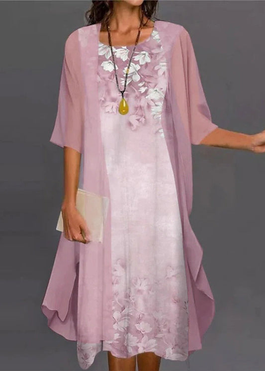Sleeve Set O-Neck Chiffon Pink New Pieces Two Half Print FashionChic