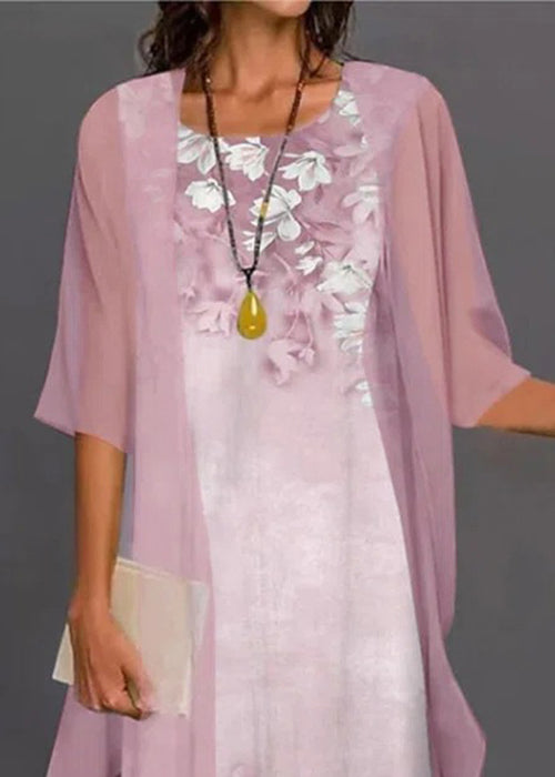 Sleeve Set O-Neck Chiffon Pink New Pieces Two Half Print FashionChic
