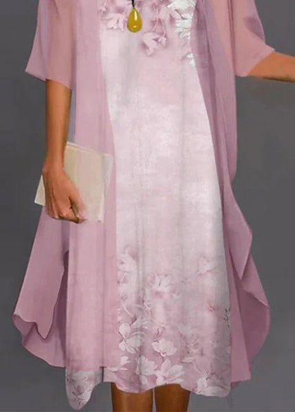 Sleeve Set O-Neck Chiffon Pink New Pieces Two Half Print FashionChic