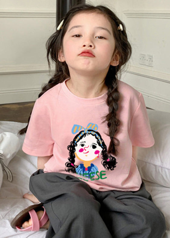 New Pink O Neck Print Cotton Kids Girls T Shirt Summer YU1056 WS-RCTZ-STP240529