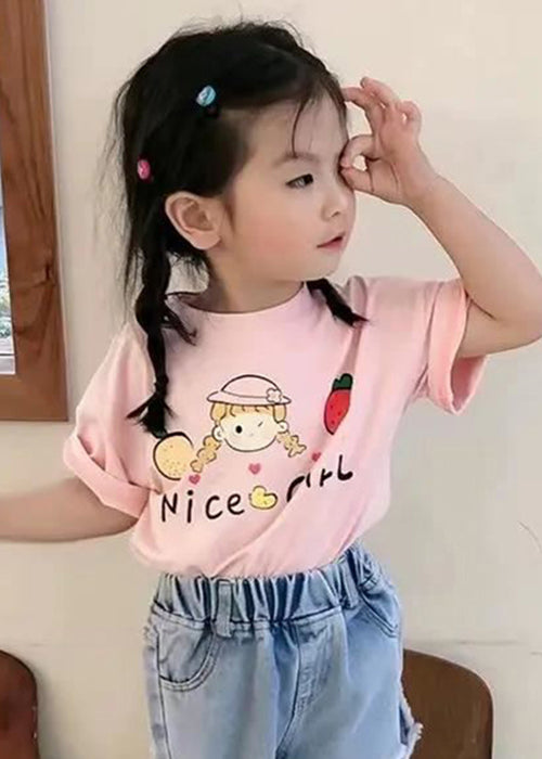 New Pink O Neck Print Cozy Cotton Girls T Shirts Summer YU1057 WS-RCTZ-STP240529