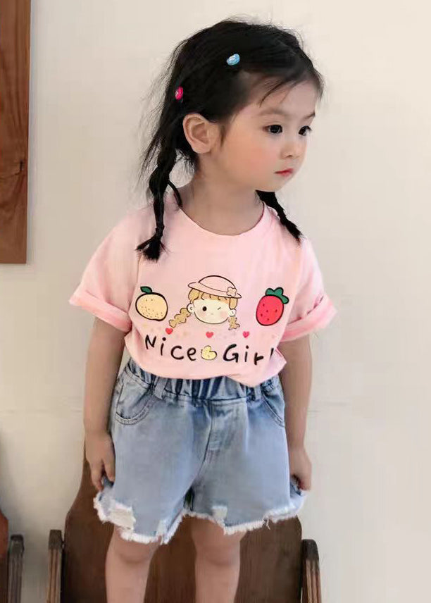 New Pink O Neck Print Cozy Cotton Girls T Shirts Summer YU1057 WS-RCTZ-STP240529