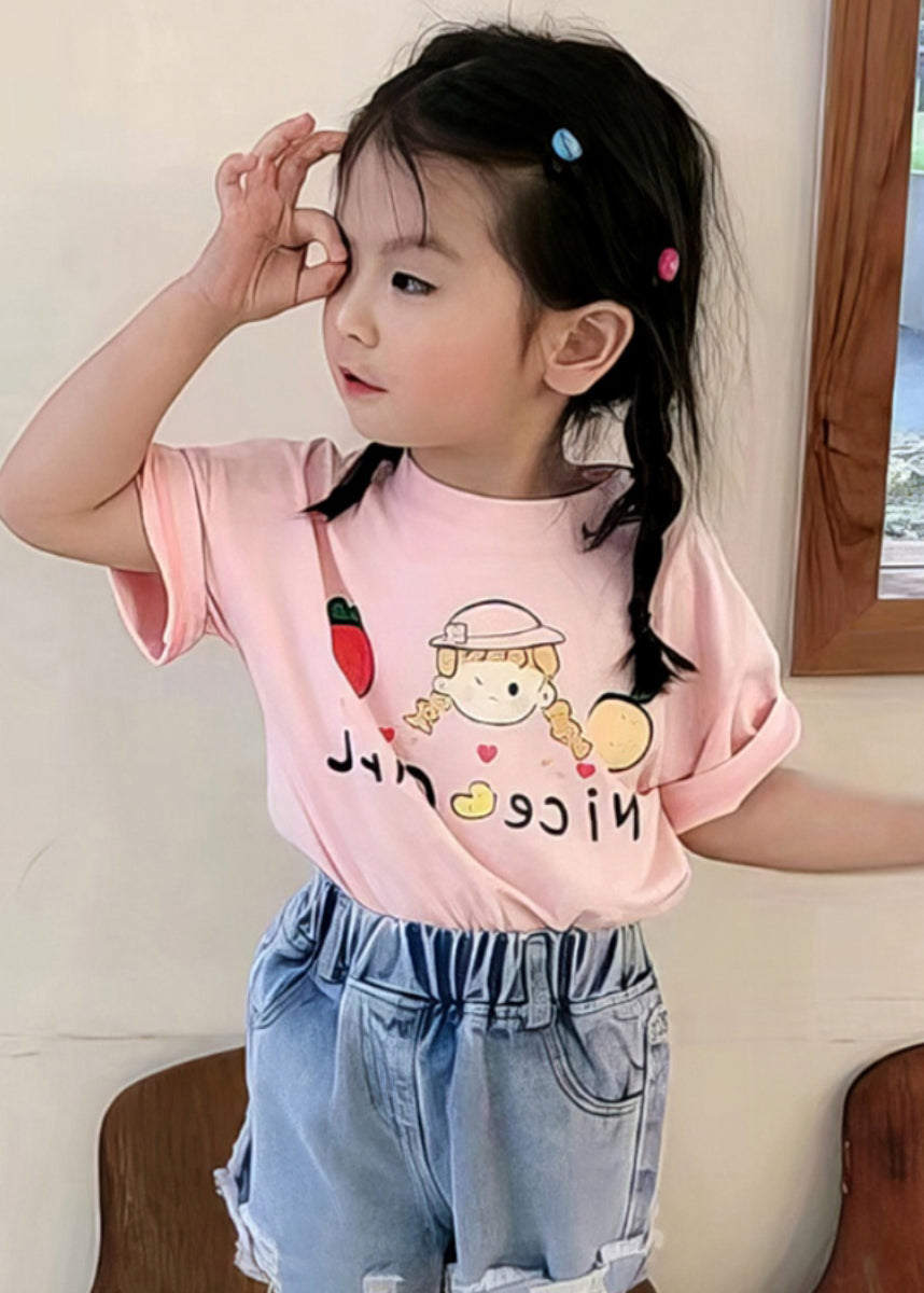 New Pink O Neck Print Cozy Cotton Girls T Shirts Summer YU1057 WS-RCTZ-STP240529