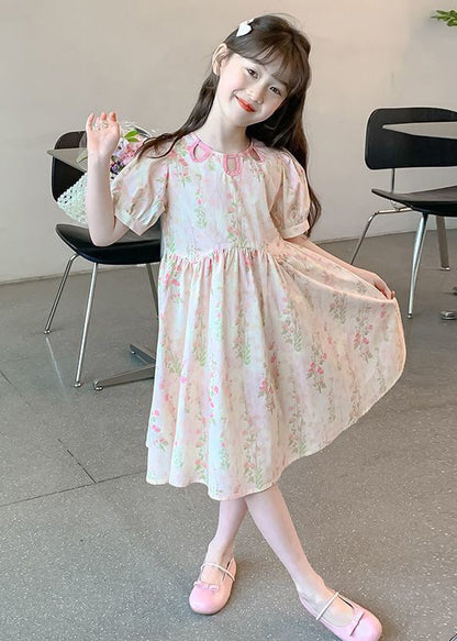 New Pink O Neck Print Patchwork Cotton Girls Dress Summer TT004 WS-RCTZSDGL240815