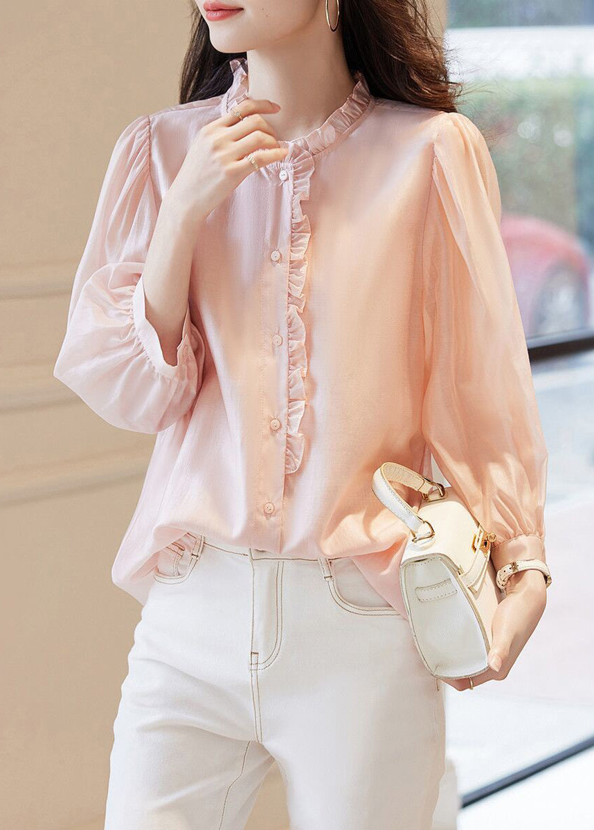 New Pink O-Neck Ruffled Button Chiffon Tops Spring Ada Fashion