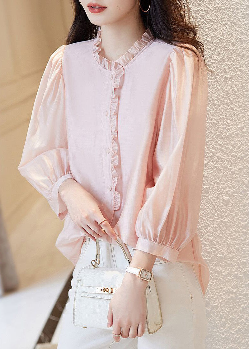 New Pink O-Neck Ruffled Button Chiffon Tops Spring Ada Fashion