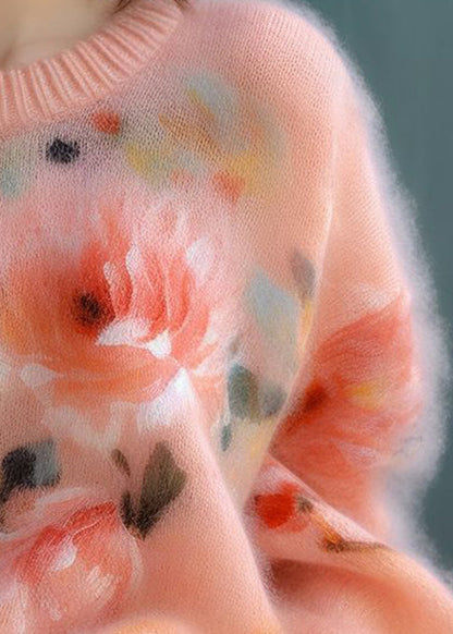 New Pink O Neck Thick Print Knit Sweater Fall WO024 HS-NTP241109