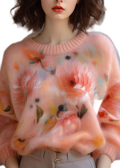New Pink O Neck Thick Print Knit Sweater Fall WO024 HS-NTP241109