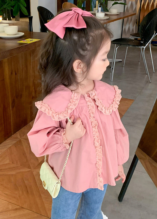 New Pink Peter Pan Collar Lace Patchwork Cotton Girls Blouses Spring YU1037 WS-RCTZ-LTP240529