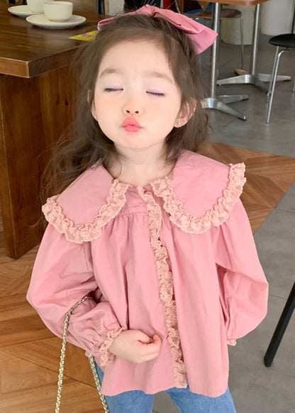 New Pink Peter Pan Collar Lace Patchwork Cotton Girls Blouses Spring YU1037 WS-RCTZ-LTP240529