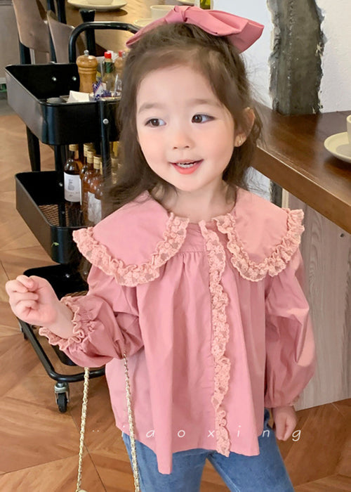 New Pink Peter Pan Collar Lace Patchwork Cotton Girls Blouses Spring YU1037 WS-RCTZ-LTP240529