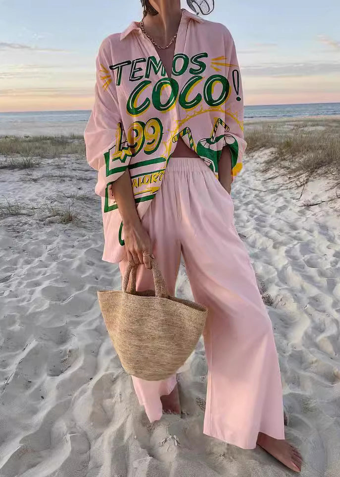 Spring Cotton Collar Set New Two Pink Peter Pieces Print Pan FashionChic