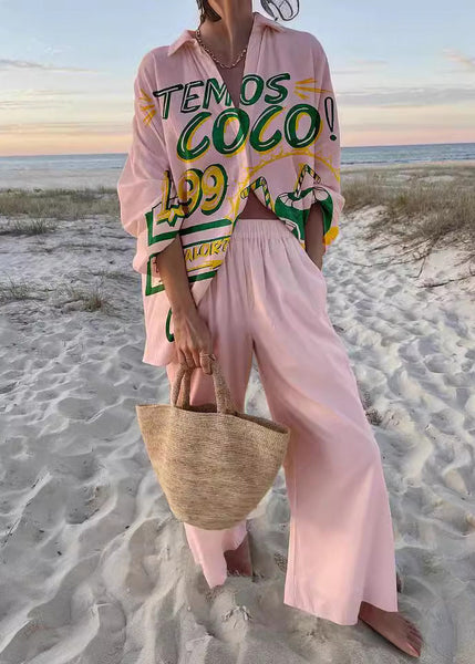 Spring Cotton Collar Set New Two Pink Peter Pieces Print Pan FashionChic