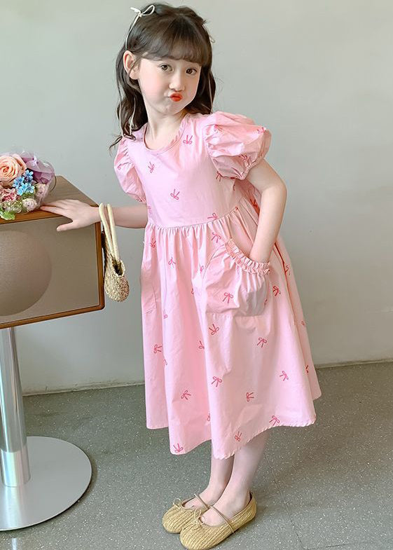 New Pink Pockets Lace Up Cotton Kids Girls Dresses Puff Sleeve TT008 WS-RCTZSDGL240815