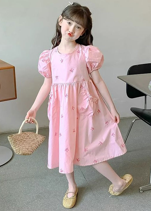 New Pink Pockets Lace Up Cotton Kids Girls Dresses Puff Sleeve TT008 WS-RCTZSDGL240815