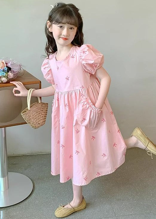 New Pink Pockets Lace Up Cotton Kids Girls Dresses Puff Sleeve TT008 WS-RCTZSDGL240815