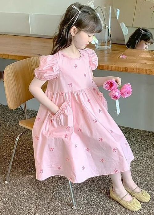 New Pink Pockets Lace Up Cotton Kids Girls Dresses Puff Sleeve TT008 WS-RCTZSDGL240815