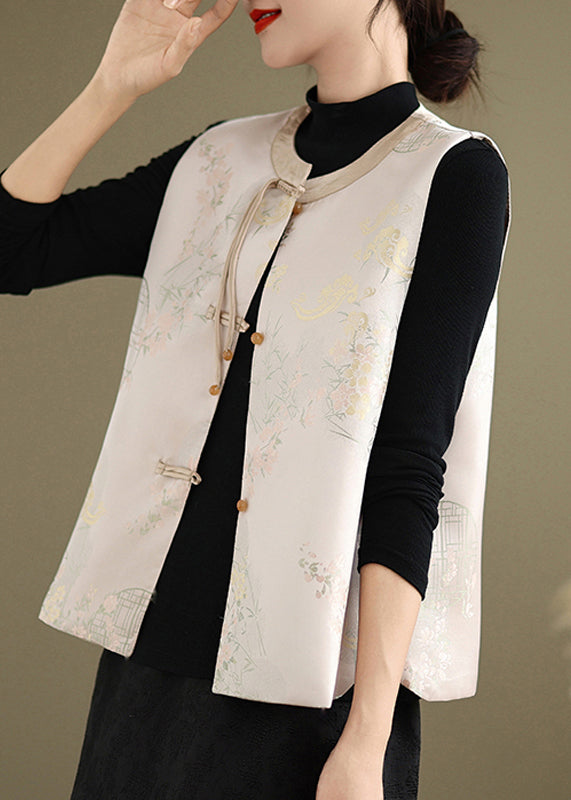 New Pink Print Chinese Button Silk Waistcoat Sleeveless QG028 OM-CTS241016