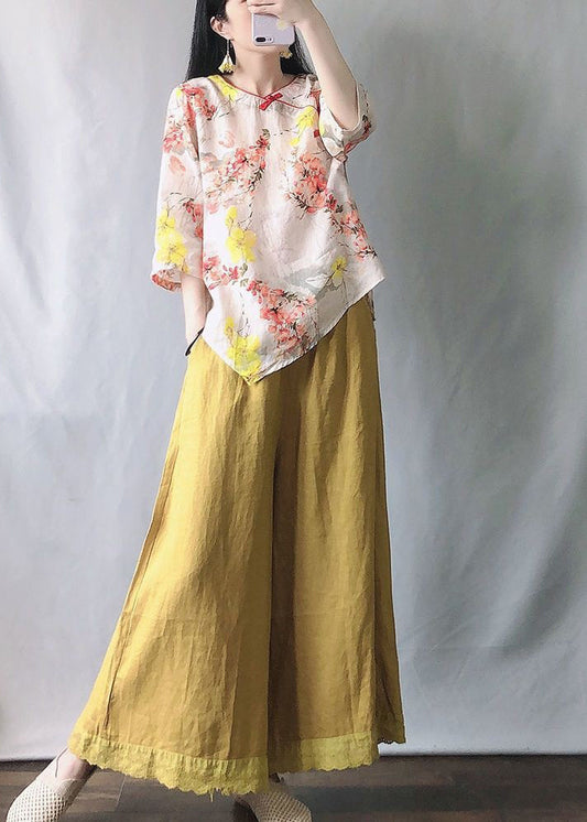 New Pink Print Tops And Yellow Wide Leg Pants Cotton Two-Piece Set Half Sleeve VV058 HS-TPIEC240627