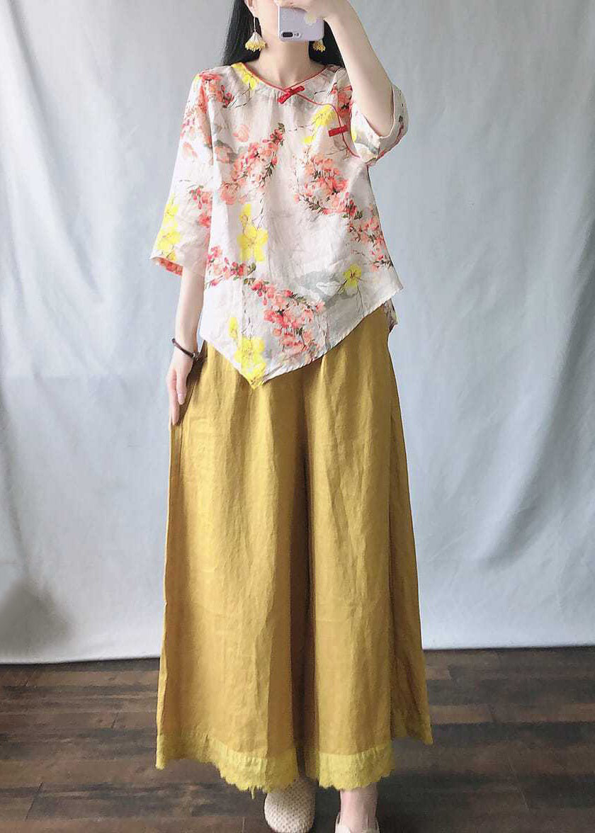 New Pink Print Tops And Yellow Wide Leg Pants Cotton Two-Piece Set Half Sleeve VV058 HS-TPIEC240627