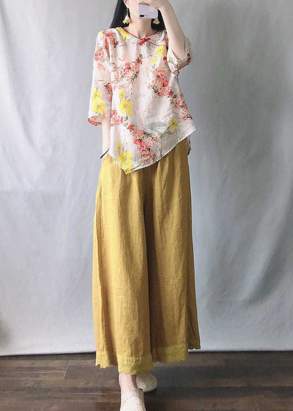 New Pink Print Tops And Yellow Wide Leg Pants Cotton Two-Piece Set Half Sleeve VV058 HS-TPIEC240627