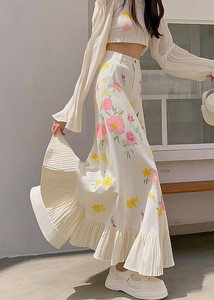 New Pink Print Waist Spring Skirts Cotton High Wrinkled FashionChic