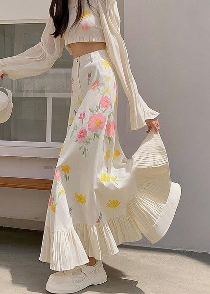 New Pink Print Waist Spring Skirts Cotton High Wrinkled FashionChic