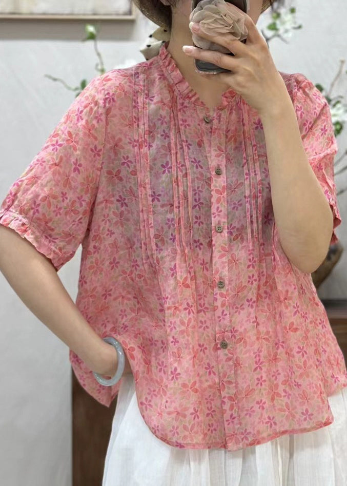 New Pink Ruffled Button Print Linen Shirt Summer JH007 MMDM-STP240717